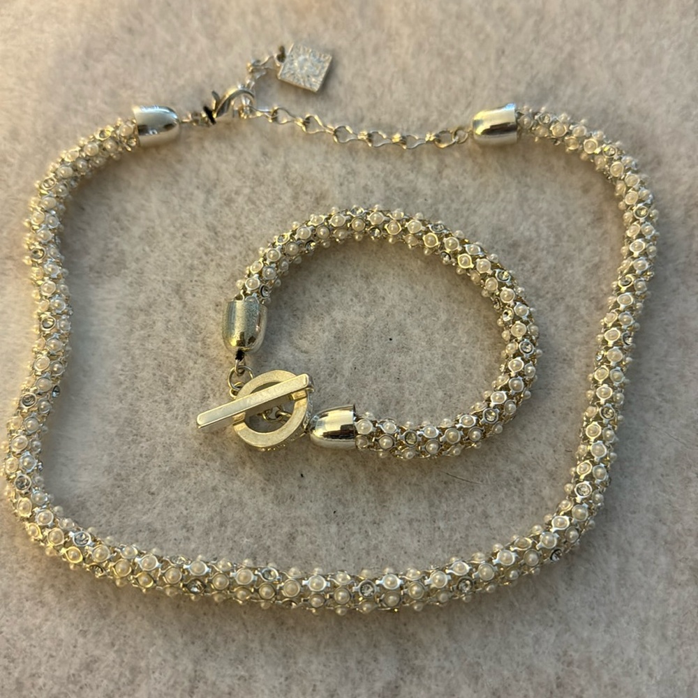 Anne Klein while and silver mini pearl and rhinestone necklace and bracelet